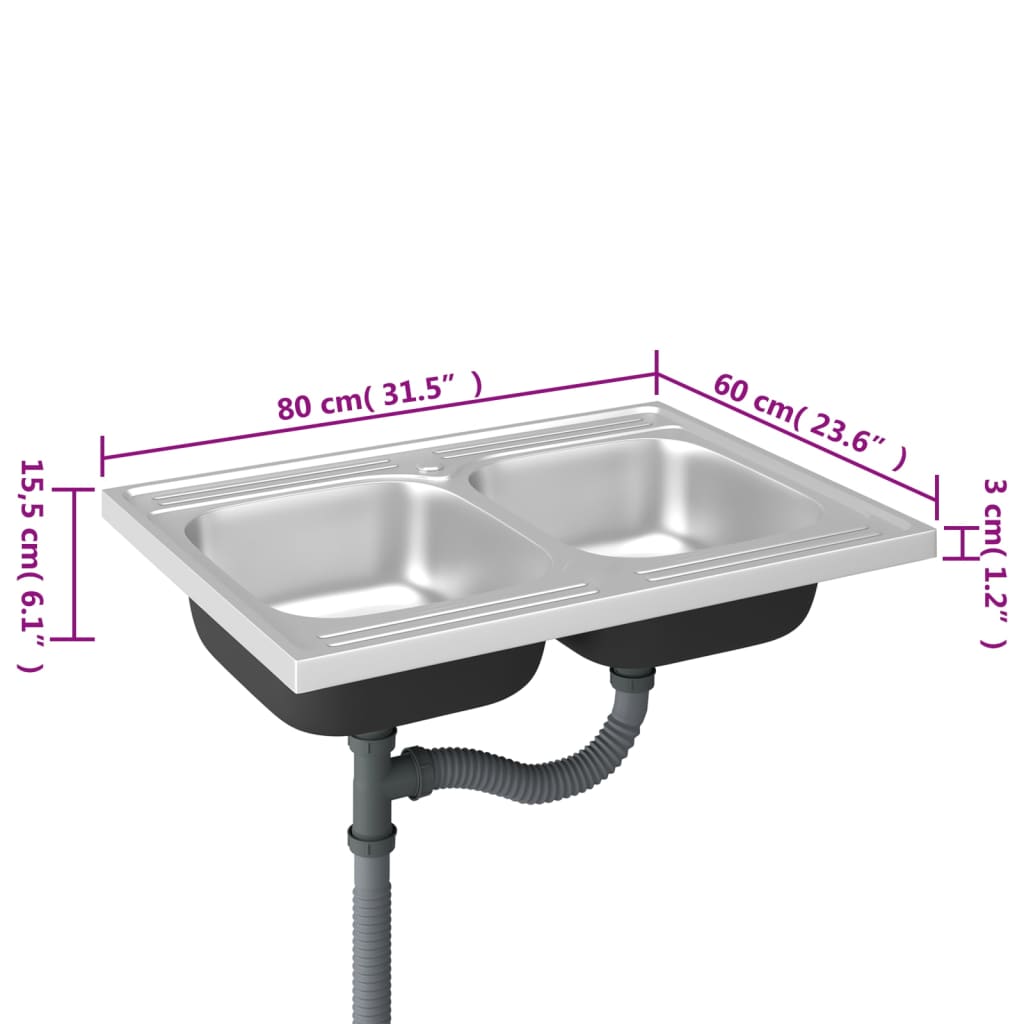 Kitchen Sink with Double Basins Silver 800x600x155 mm Stainless Steel