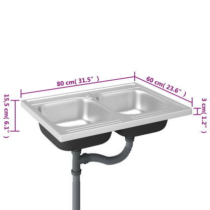 Kitchen Sink with Double Basins Silver 800x600x155 mm Stainless Steel