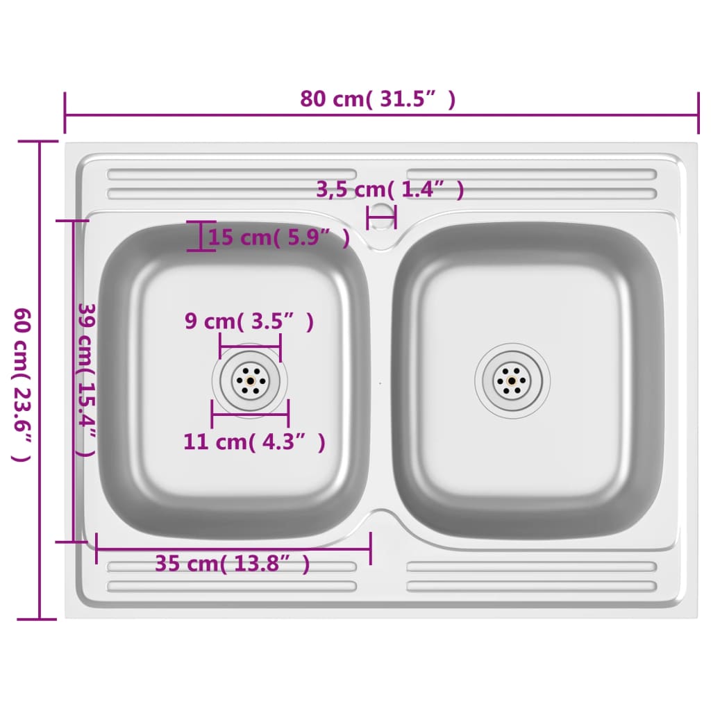 Kitchen Sink with Double Basins Silver 800x600x155 mm Stainless Steel