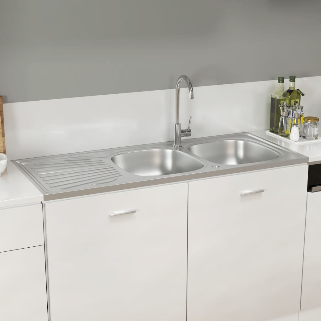 Kitchen Sink with Double Sinks Silver 1200x500x155 mm Stainless Steel