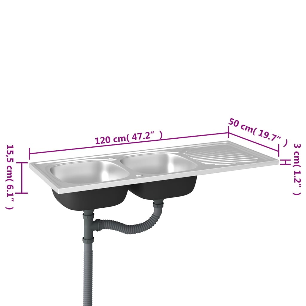 Kitchen Sink with Double Sinks Silver 1200x500x155 mm Stainless Steel