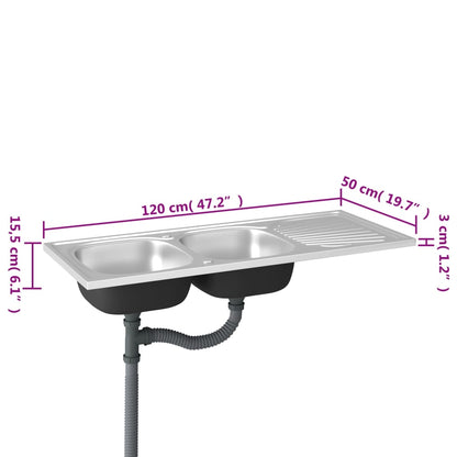 Kitchen Sink with Double Sinks Silver 1200x500x155 mm Stainless Steel