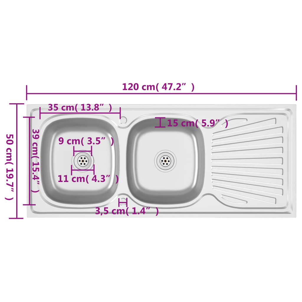 Kitchen Sink with Double Sinks Silver 1200x500x155 mm Stainless Steel