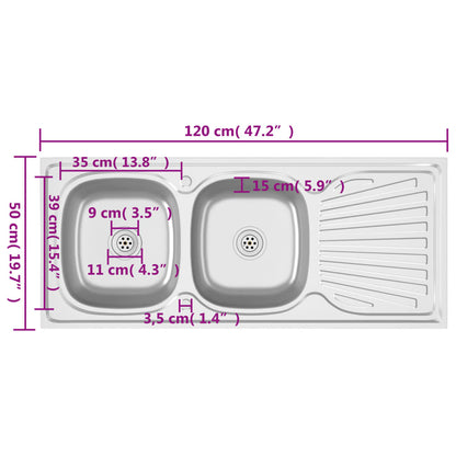 Kitchen Sink with Double Sinks Silver 1200x500x155 mm Stainless Steel