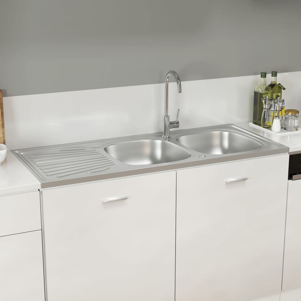 Kitchen Sink with Double Sinks Silver 1200x600x155 mm Stainless Steel