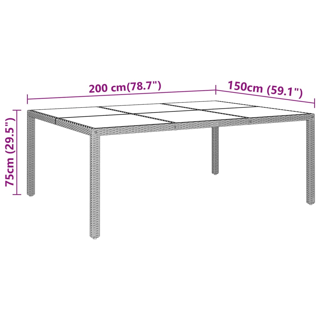 Garden Table 200x150x75 cm Tempered Glass and Poly Rattan Beige