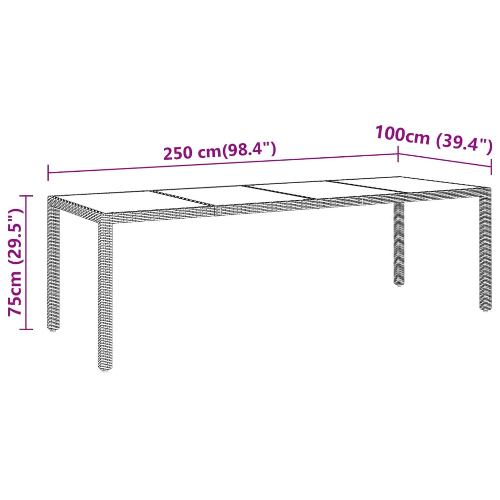 Garden Table 250x100x75 cm Tempered Glass and Poly Rattan Grey