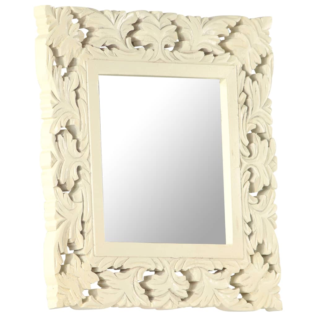 Hand Carved Mirror White 50x50 cm Solid Mango Wood