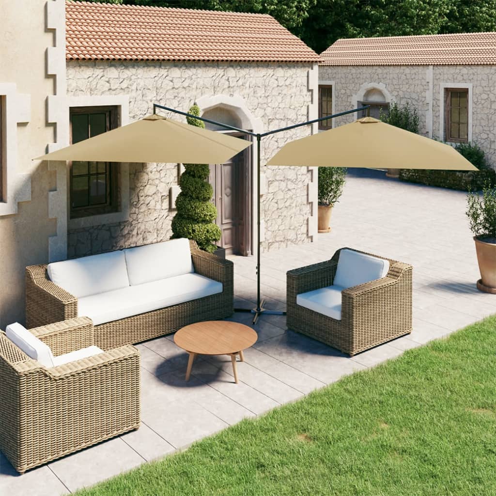 Double Garden Parasol with Steel Pole Taupe 600x300 cm