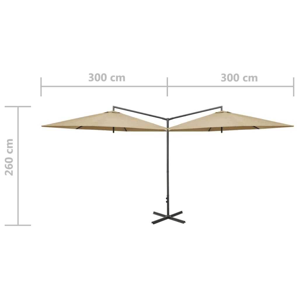 Double Garden Parasol with Steel Pole Taupe 600 cm