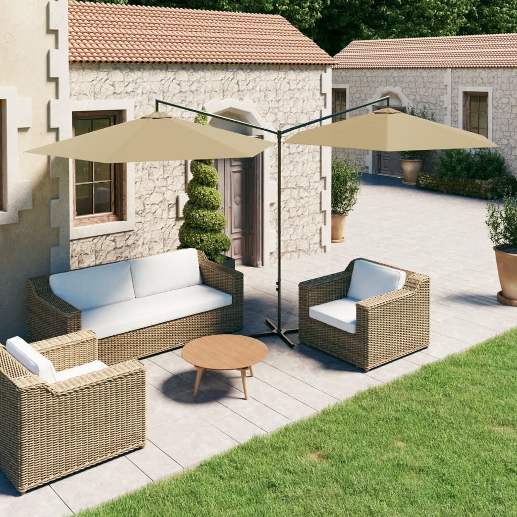 Double Garden Parasol with Steel Pole Taupe 600 cm