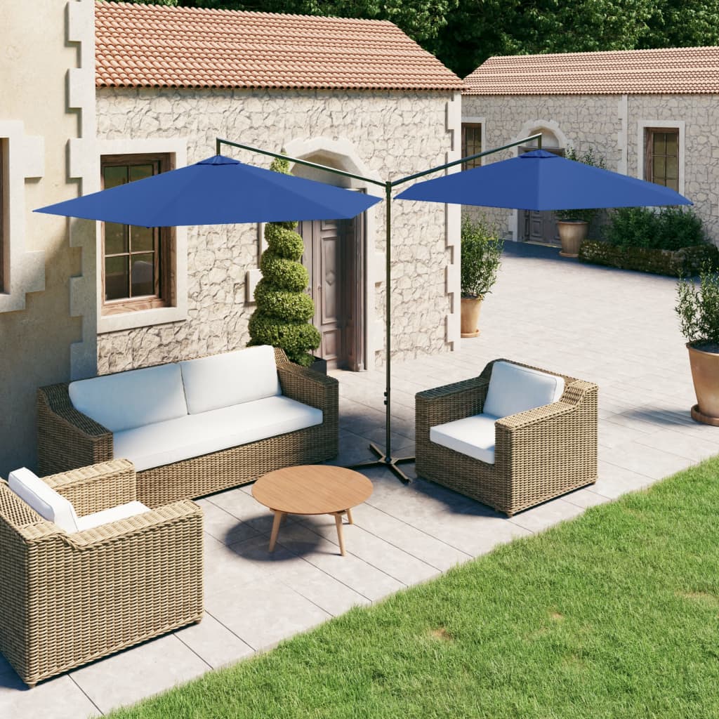 Double Garden Parasol with Steel Pole Azure Blue 600 cm