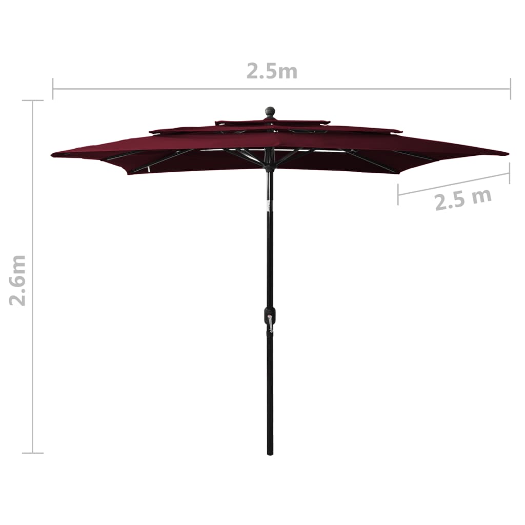 3-Tier Garden Parasol with Aluminium Pole Bordeaux Red 2.5x2.5 m