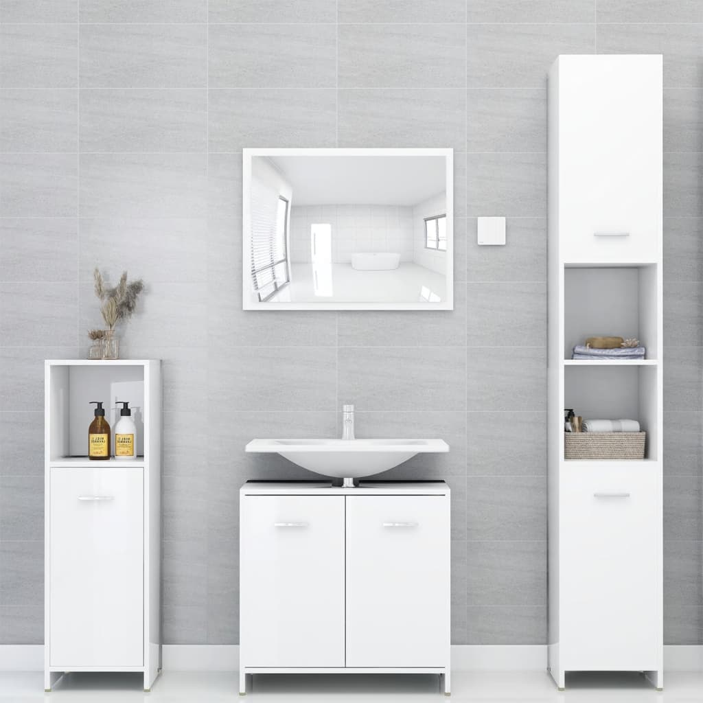 3 Piece Bathroom Furniture Set High Gloss White Engineered Wood