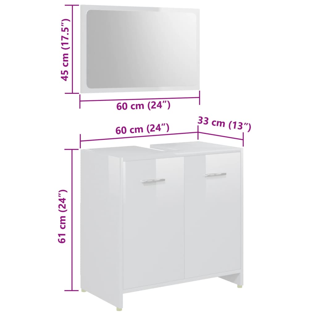 3 Piece Bathroom Furniture Set High Gloss White Engineered Wood