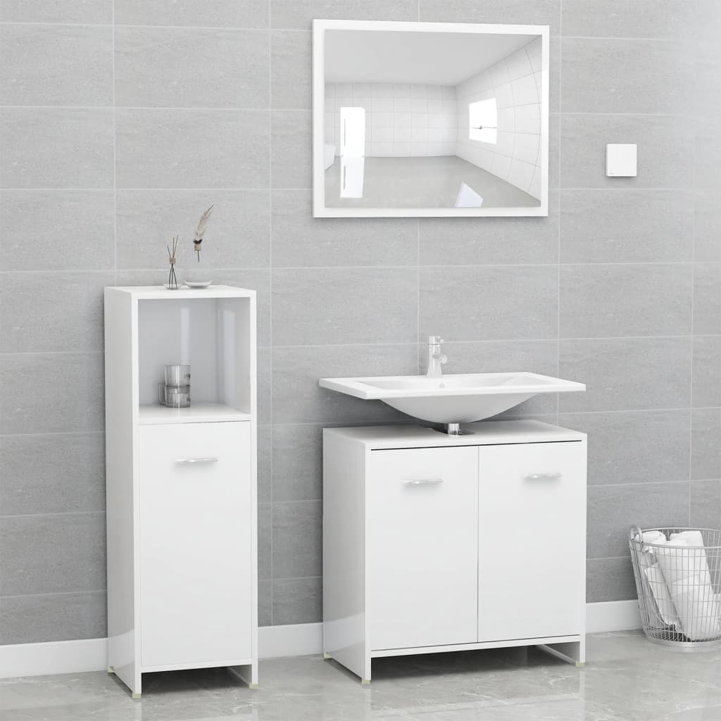 3 Piece Bathroom Furniture Set High Gloss White Engineered Wood