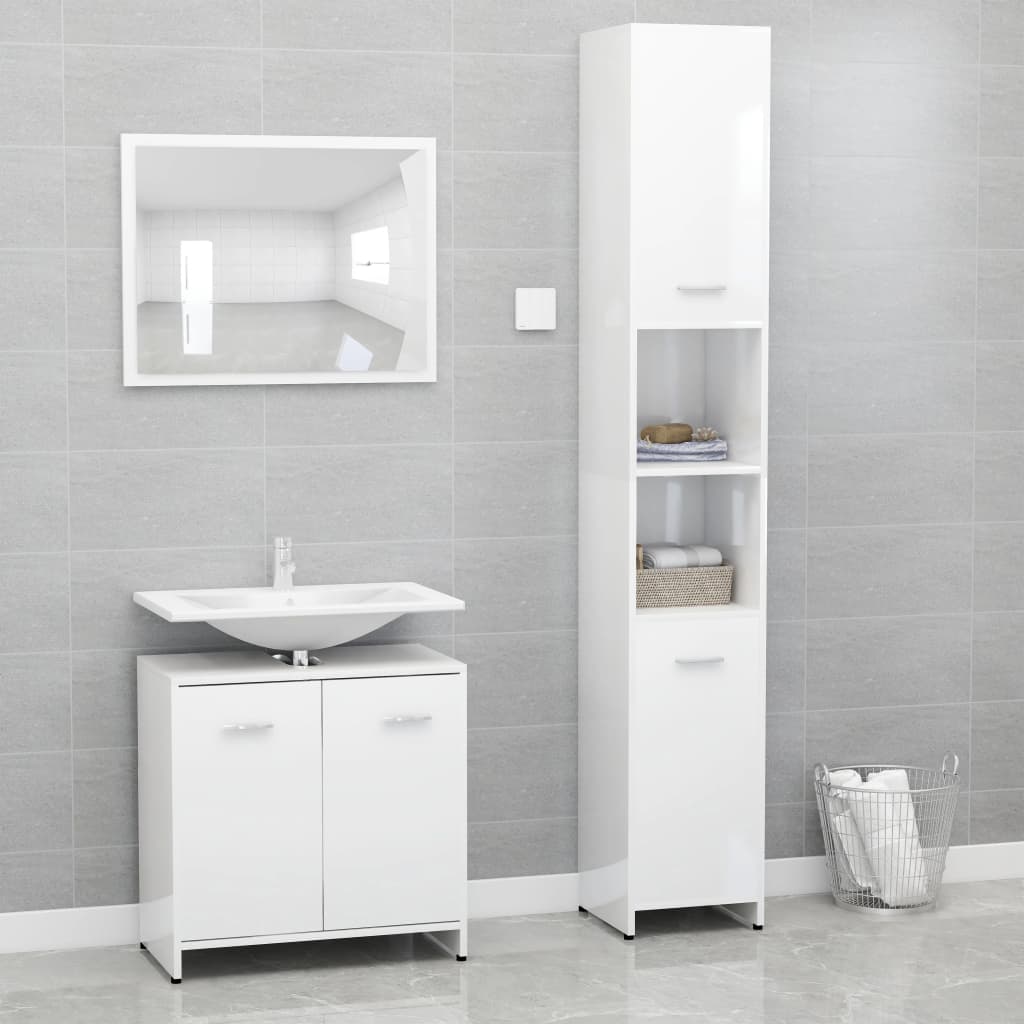 3 Piece Bathroom Furniture Set High Gloss White Engineered Wood