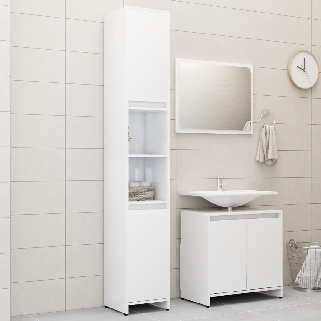 3 Piece Bathroom Furniture Set High Gloss White Engineered Wood