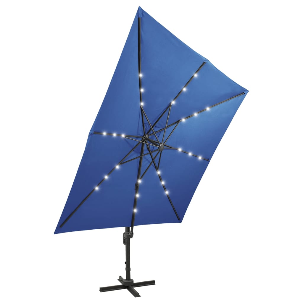 Cantilever Umbrella with Pole and LED Lights Azure Blue 300 cm