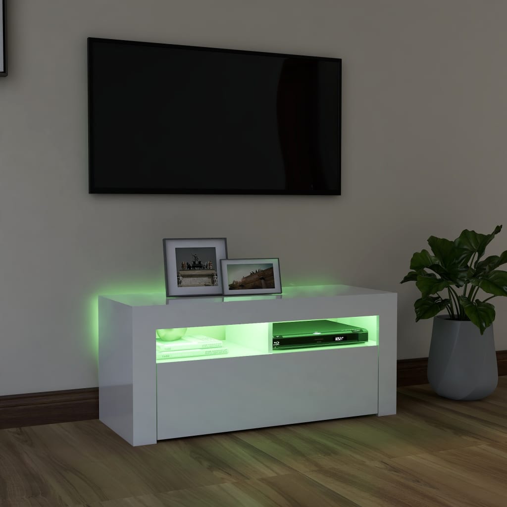 TV Cabinet with LED Lights High Gloss White 90x35x40 cm