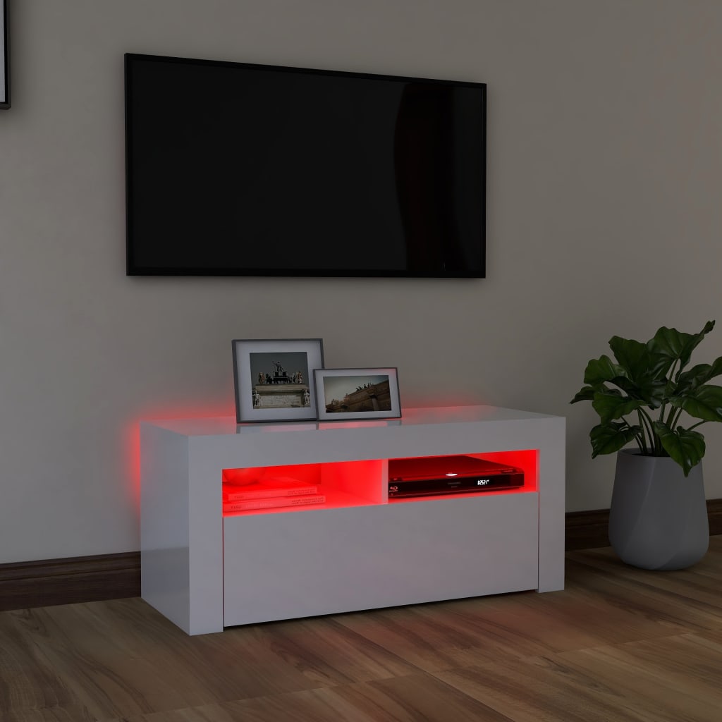 TV Cabinet with LED Lights High Gloss White 90x35x40 cm