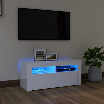 TV Cabinet with LED Lights High Gloss White 90x35x40 cm