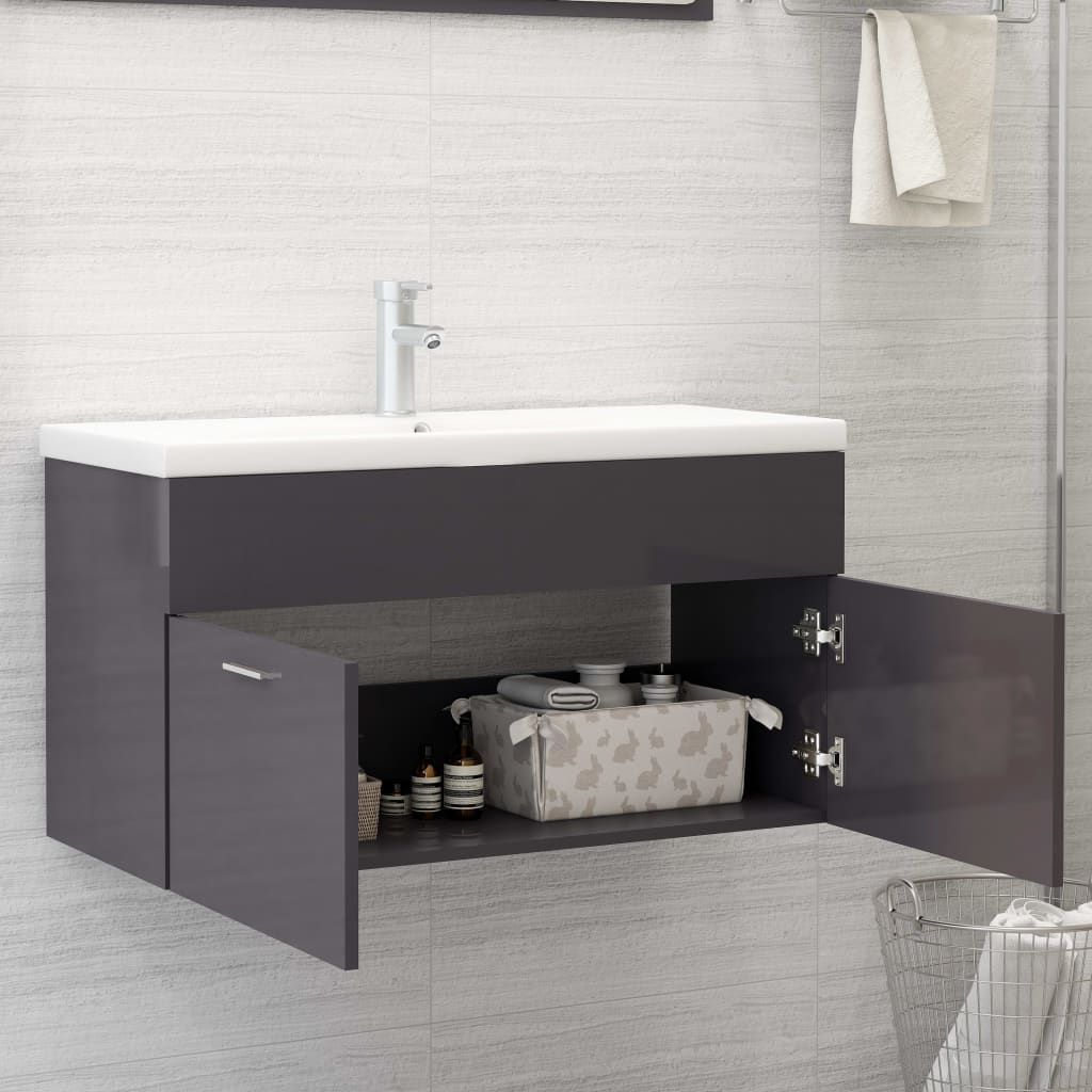 Sink Cabinet High Gloss Grey 90x38.5x46 cm Engineered Wood