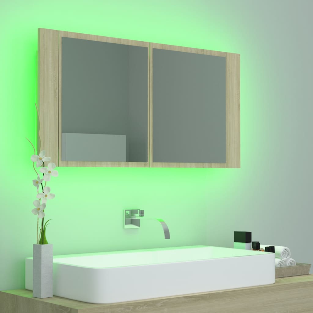 LED Bathroom Mirror Cabinet Sonoma Oak 90x12x45 cm Acrylic