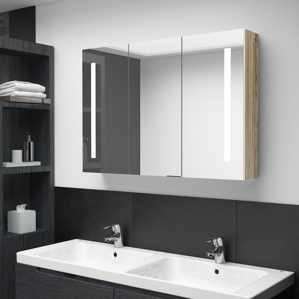 LED Bathroom Mirror Cabinet 89x14x62 cm White and Oak