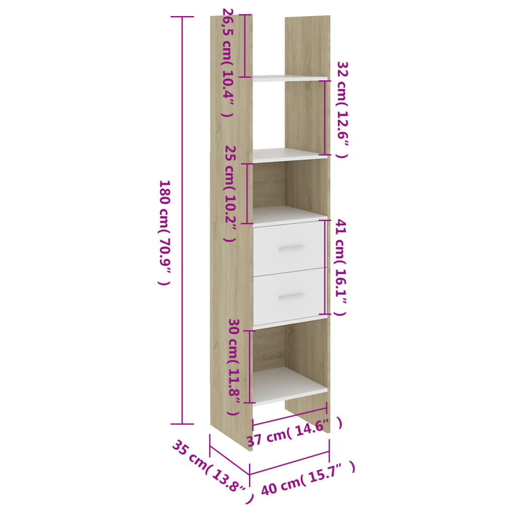 Book Cabinet White and Sonoma Oak 40x35x180 cm Engineered Wood