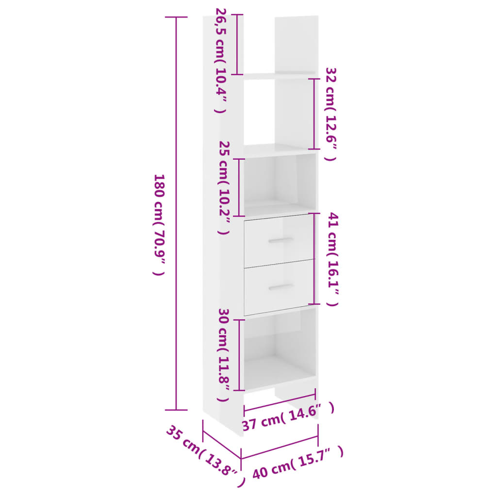 Book Cabinet High Gloss White 40x35x180 cm Engineered Wood