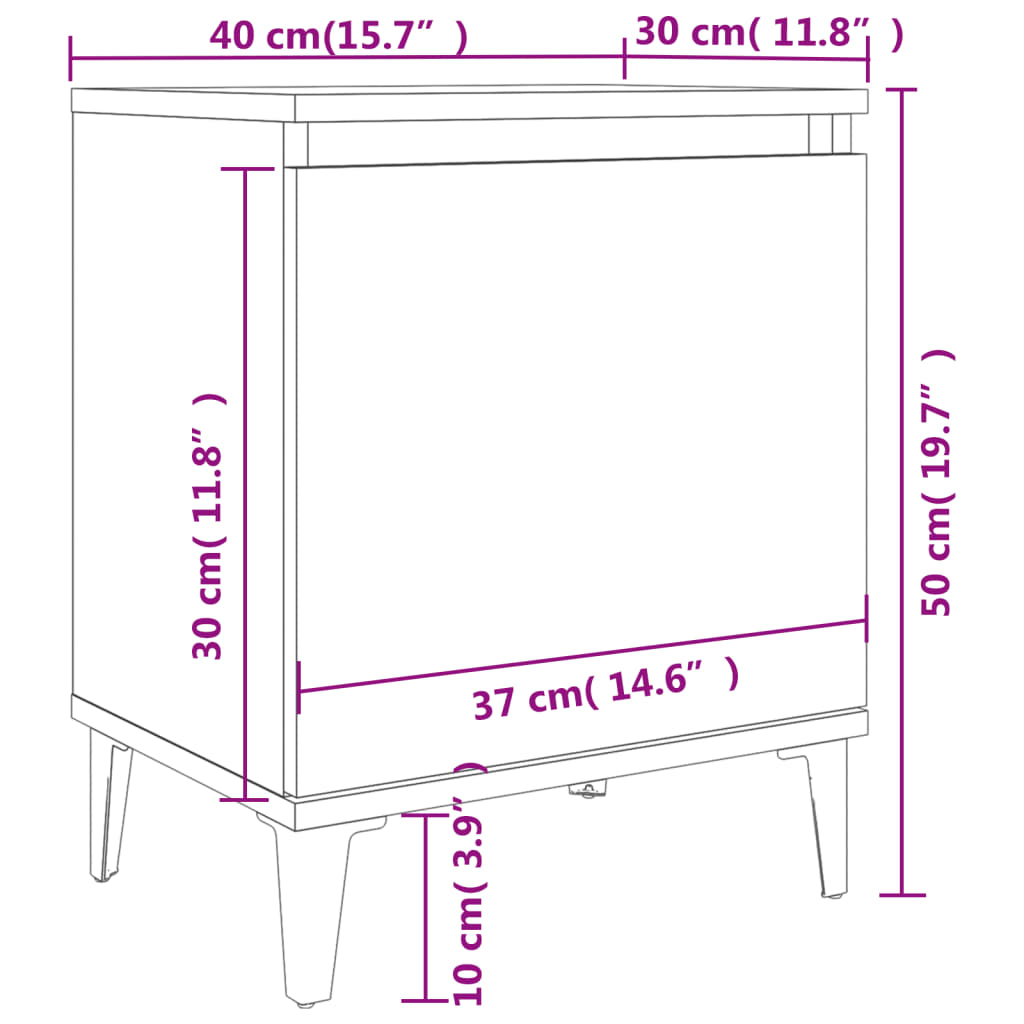 Bed Cabinet with Metal Legs High Gloss White 40x30x50 cm