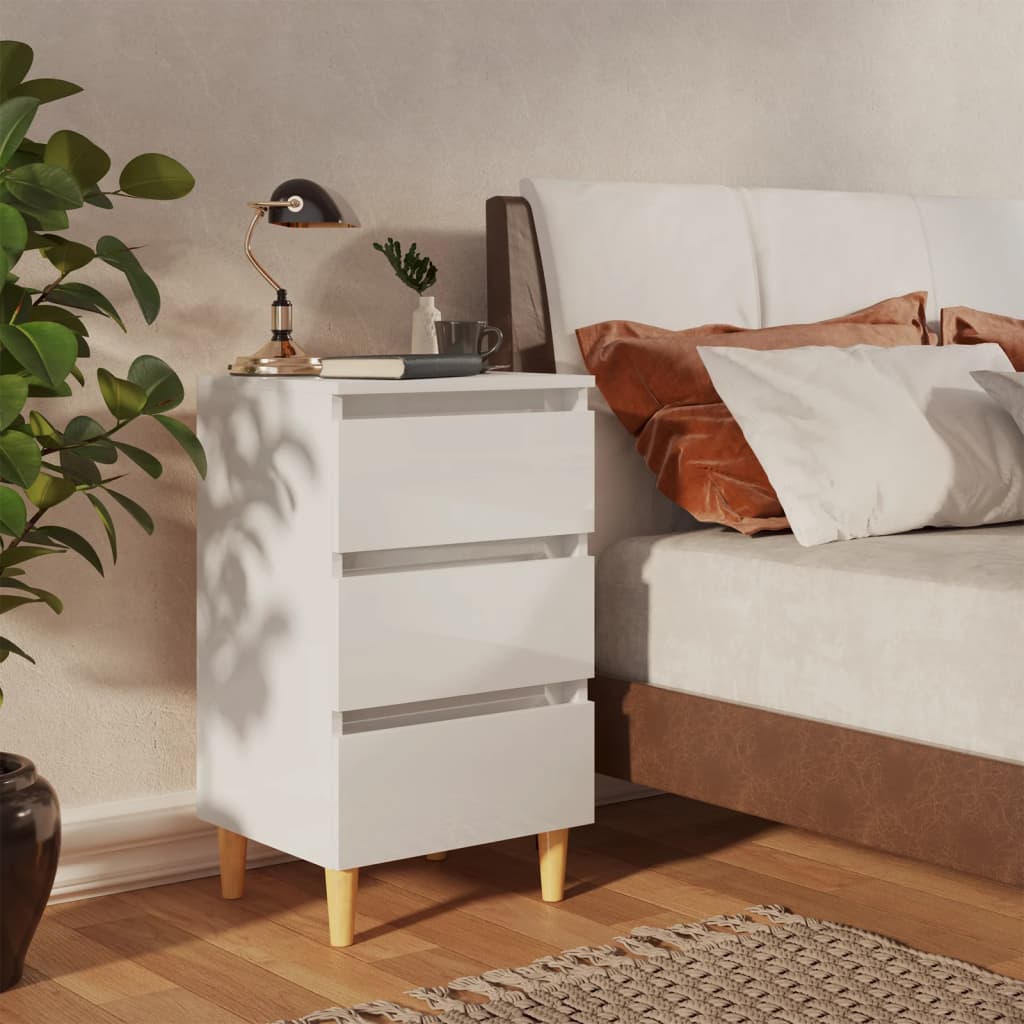 Bed Cabinet with Solid Wood Legs High Gloss White 40x35x69 cm