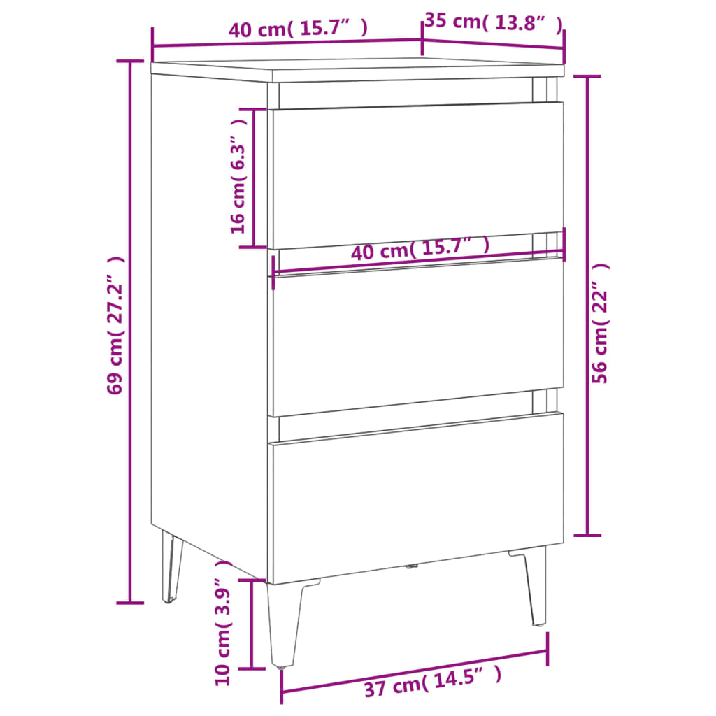 Bed Cabinet with Metal Legs Black 40x35x69 cm