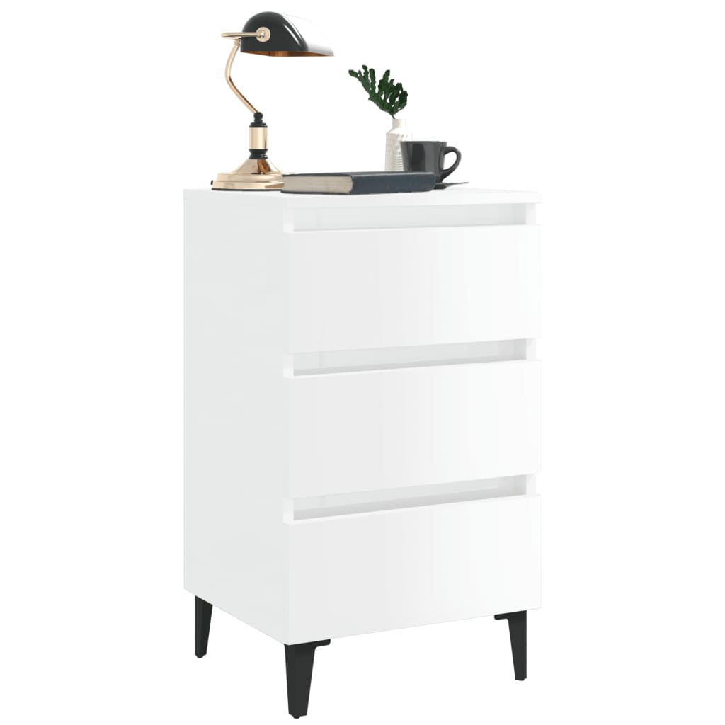 Bed Cabinet with Metal Legs High Gloss White 40x35x69 cm