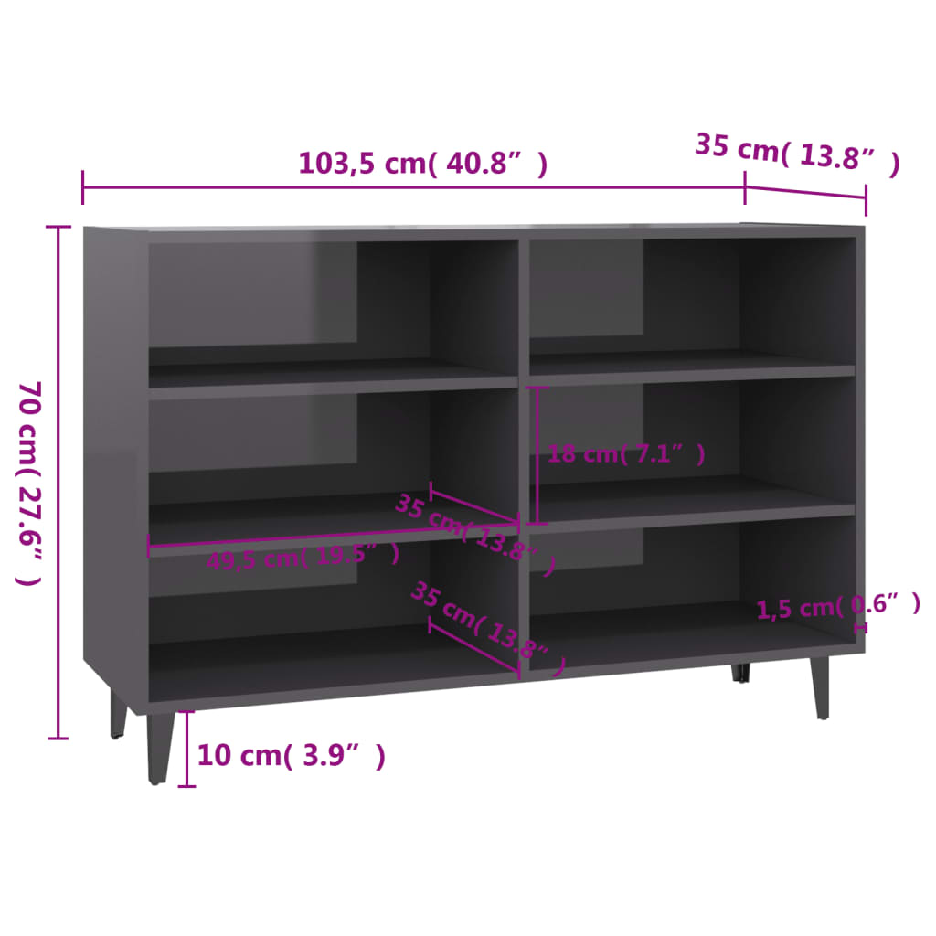 Sideboard High Gloss Grey 103.5x35x70 cm Engineered Wood