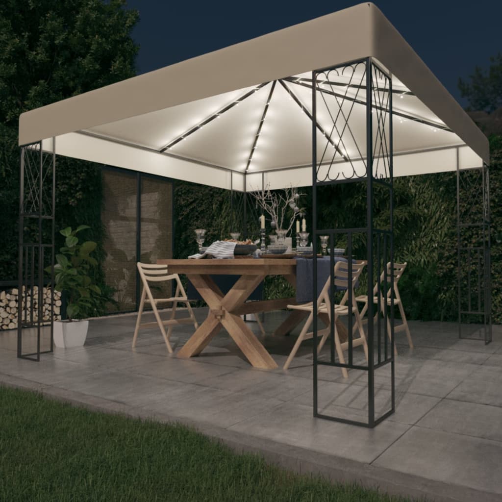 Gazebo with LED String Lights 3x3 m Cream Fabric