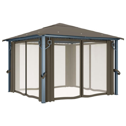 Gazebo with Curtain&LED String Lights 3x3 m Taupe Aluminium