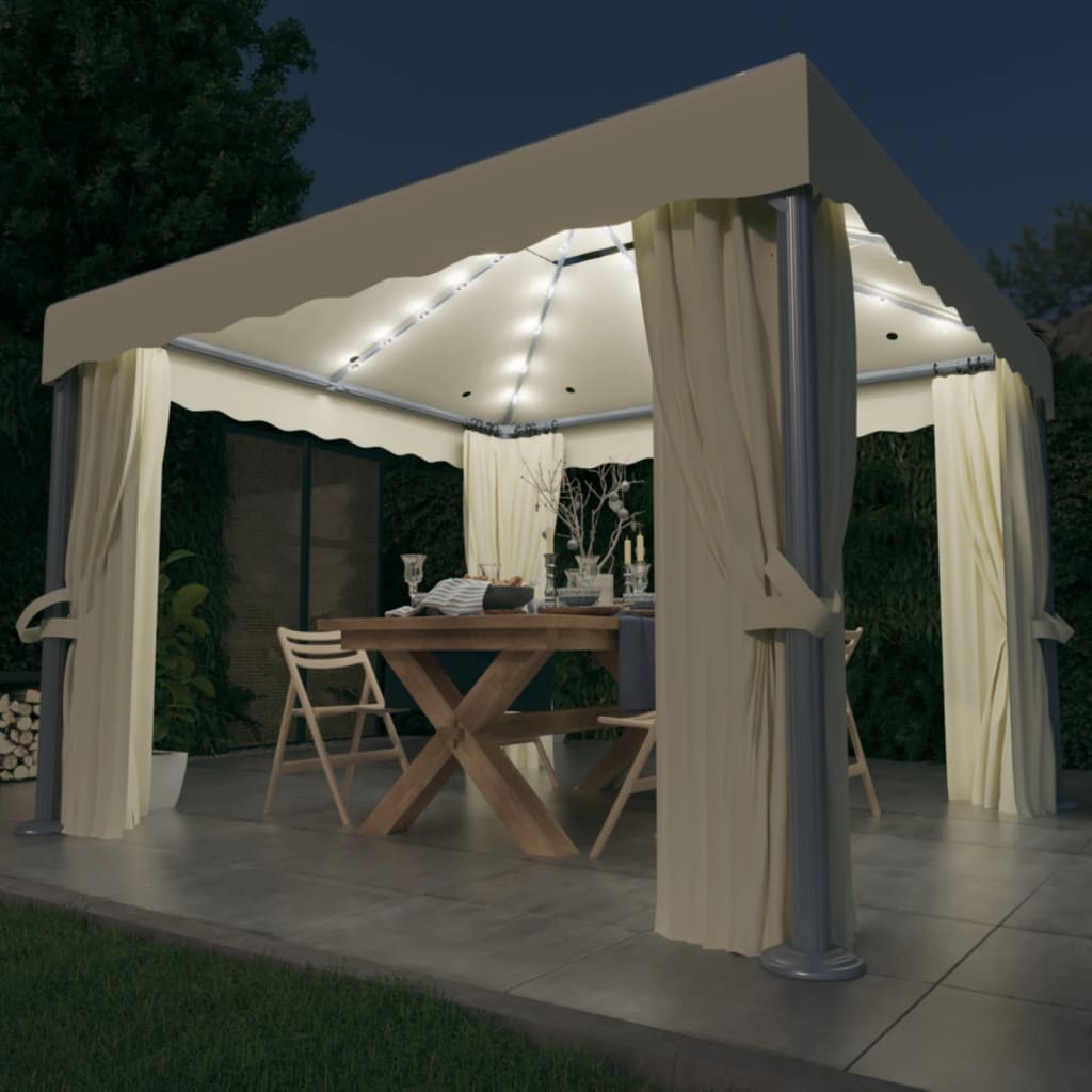 Gazebo with Curtain&LED String Lights 3x3 m Cream White