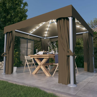 Gazebo with Curtain&LED String Lights 3x3 m Taupe