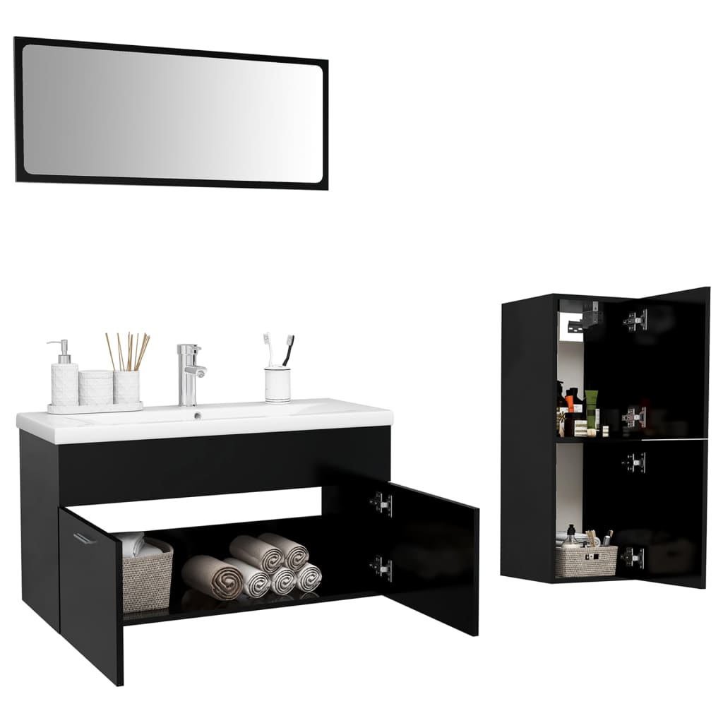 Bathroom Furniture Set Black Engineered Wood