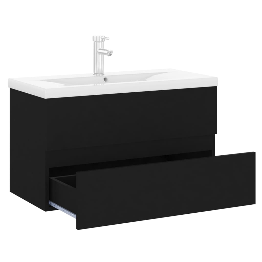 Sink Cabinet with Built-in Basin Black Engineered Wood