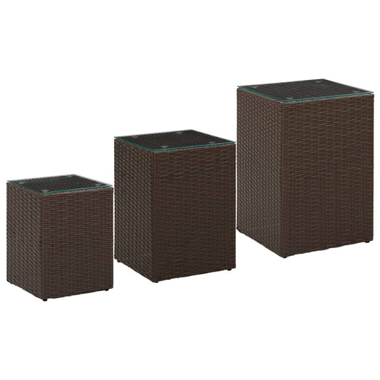 Side Tables 3 pcs with Glass Top Brown Poly Rattan