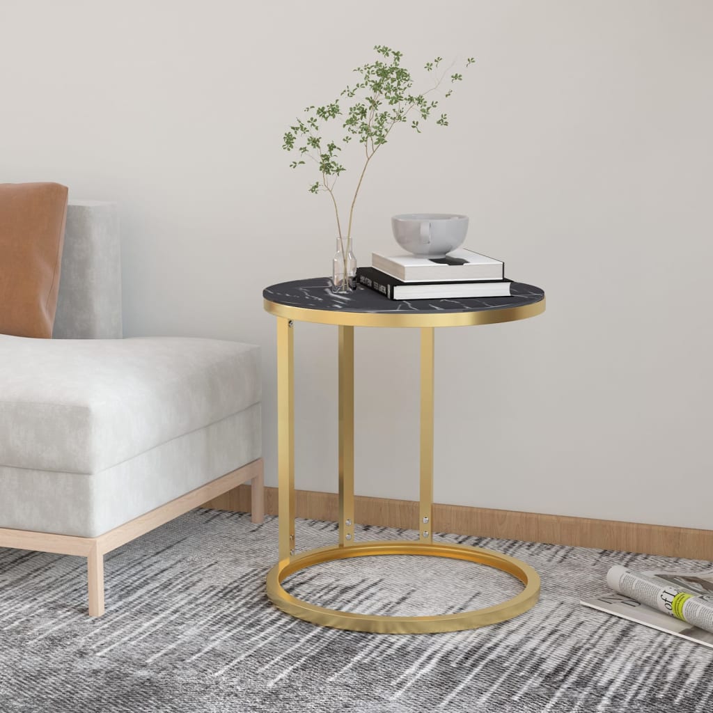 Side Table Gold and Black Marble 45 cm Tempered Glass