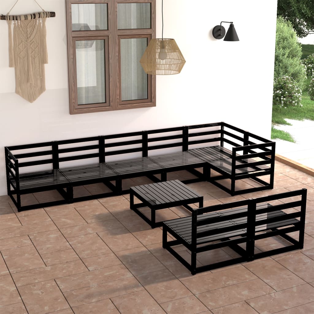 9 Piece Garden Lounge Set Black Solid Pinewood