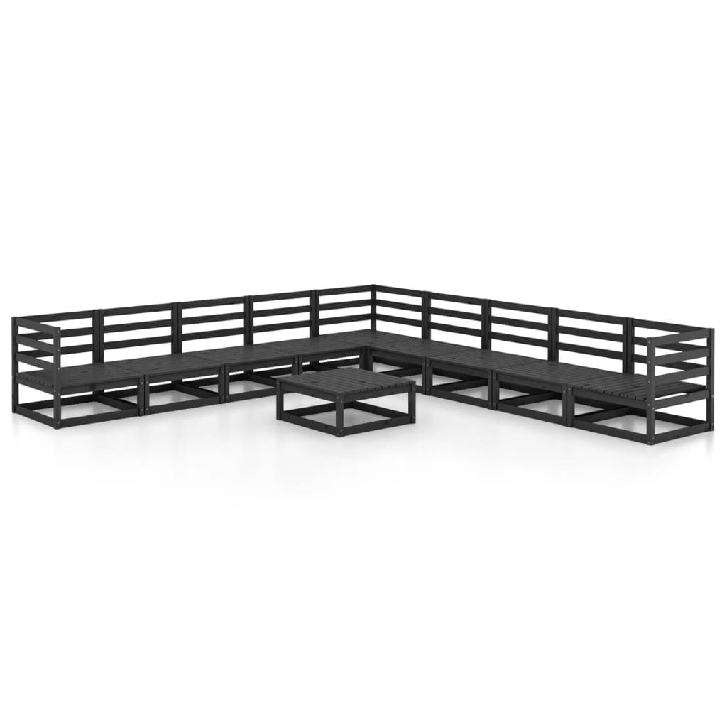 10 Piece Garden Lounge Set Black Solid Pinewood