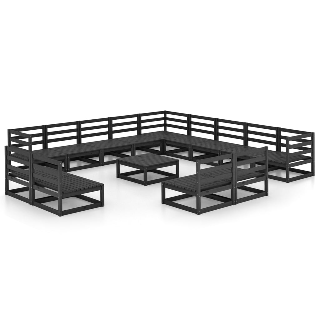 14 Piece Garden Lounge Set Black Solid Pinewood