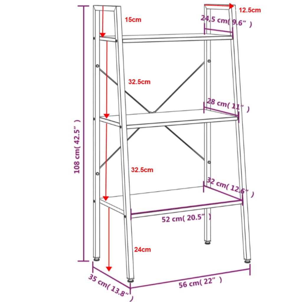 3-Tier Standing Shelf Light Brown and Black 56x35x108 cm