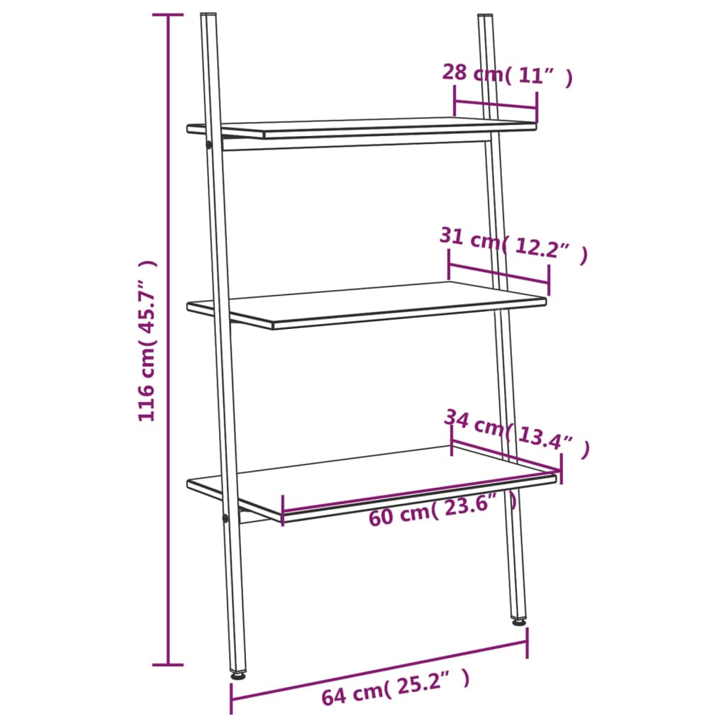 3-Tier Leaning Shelf Dark Brown and Black 64x34x116 cm