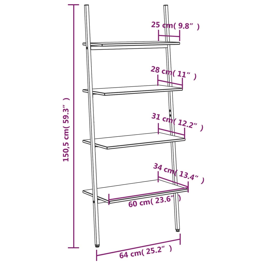 4-Tier Leaning Shelf Light Brown and Black 64x34x150.5 cm